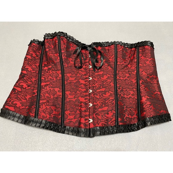 Red Black Floral Lace Boned Corset Top Gothic Steampunk Lace Up Back XL-2XL - Picture 11 of 12